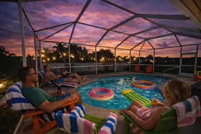 Screened private pool oasis with sunset views—relax, float, and unwind.