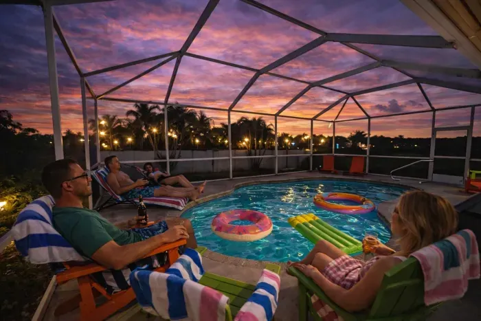 Screened private pool oasis with sunset views—relax, float, and unwind.