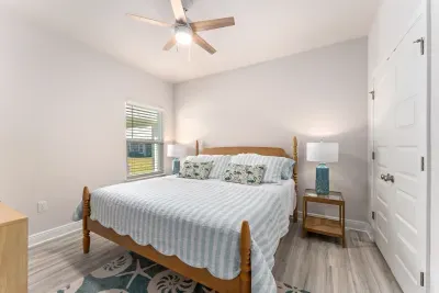 Spa blue king bedroom.   