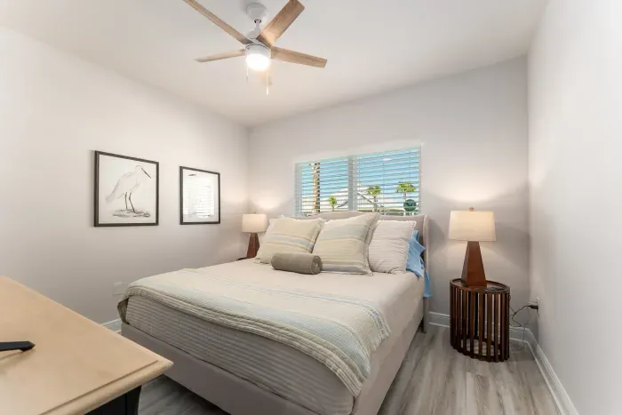 Calming coastal king bedroom.