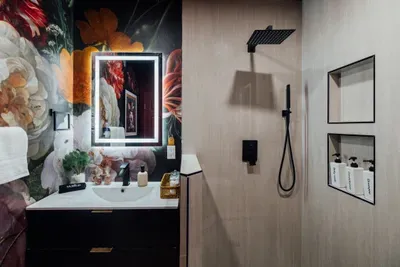 Alice in Wonderland–themed bathroom with whimsical and playful décor for a unique experience.