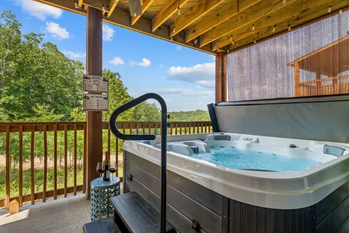 The ultimate post-park remedy—warm bubbles and cool mountain air. 🎢🌲