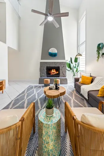 Stylish and comfortable living room made for easy, relaxed stays. ✨