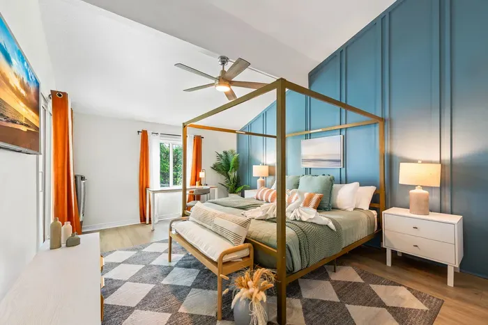 Relax and recharge at Seabreeze Villa, where a coastal-chic bedroom with calming hues and cozy textures sets the tone for the perfect beachside stay. ✨