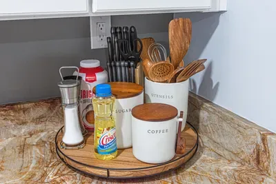 Our kitchen comes fully stocked with the essentials: cooking oil, salt & pepper, utensils, a full knife block, and more—so you can skip the packing and focus on making memories (and maybe a delicious meal, too).