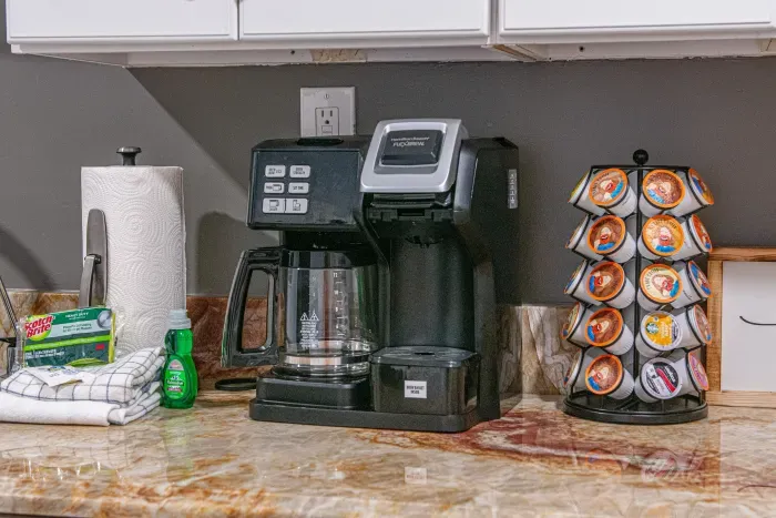 Savor your first sip at our dedicated coffee corner, fully stocked with a Keurig, premium brews, and all the essentials.