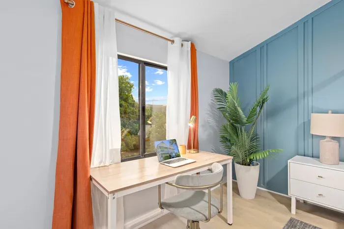 Need to catch up on work? Our dedicated workspace features a sleek desk and comfortable chair, perfectly positioned in front of a window to keep you inspired and productive. ✨