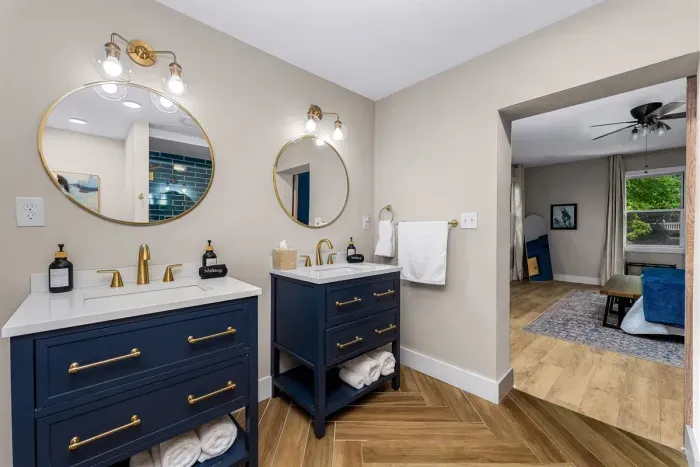 The ensuite bathroom has a walk in shower