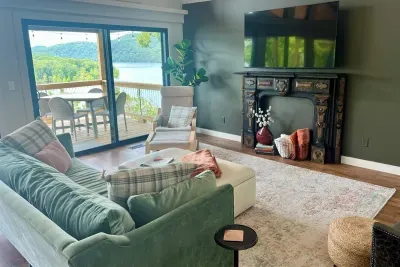 From the kitchen you can view the lake or the 65 inch LG TV.  No matter where you are standing there is a stunning view, making the prep and dining experience a pleasure.