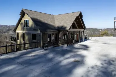 Front of house, level drive.