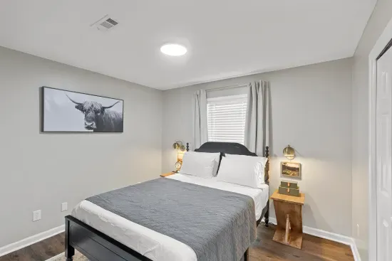 A queen bed with a memory foam mattress makes this a good place to end the day.