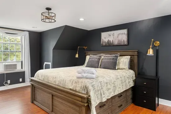 Cozy, modern bedroom with a plush king bed.