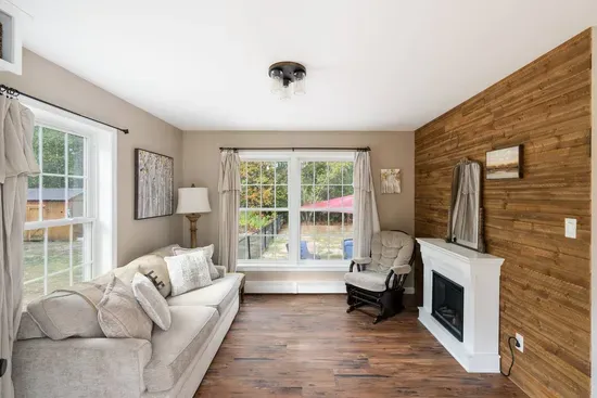 Living room with indoor fireplace