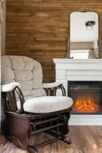 Living room with indoor fireplace