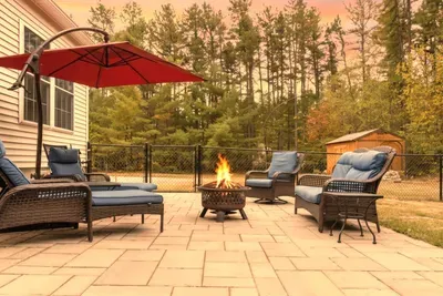 Outdoor seats with firepit perfect for chats and s'mores