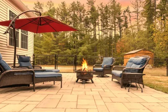 Outdoor seats with firepit perfect for chats and s'mores