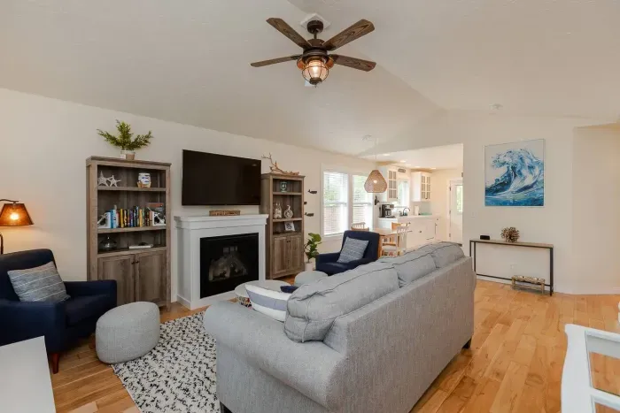 Relax by the gas fireplace in our open-concept living room, designed for romantic evenings or family movie nights.