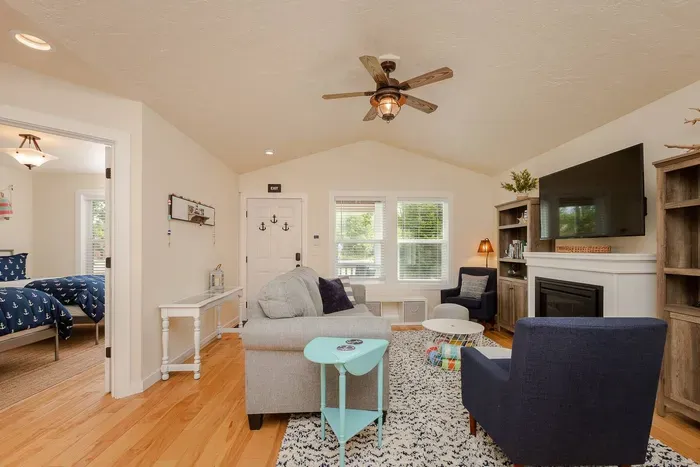 Comfortable living area with Smart TV to watch cable or your favorite streaming service. Enjoy the gas fireplace on cooler evenings.