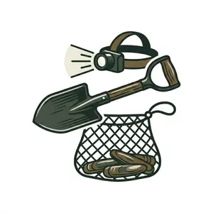 Essential razor clamming equipment including a stainless steel clam gun, mesh net bag, and a waterproof headlamp.