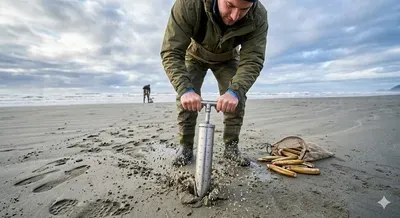 A person using a PVC clam gun to dig for razor clams on the shoreline of Mocrocks Beach.