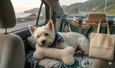 A tired, happy dog ready for the drive home after a weekend at Hidden Coast Stays.