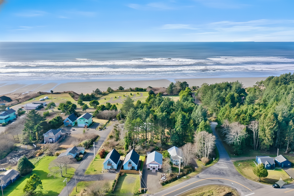 Aerial view of Mocrocks Beach near Pacific Beach Washington, a prime location for razor clam digging and dog-friendly beach walks.
