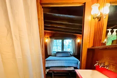View into bedroom from bathroom