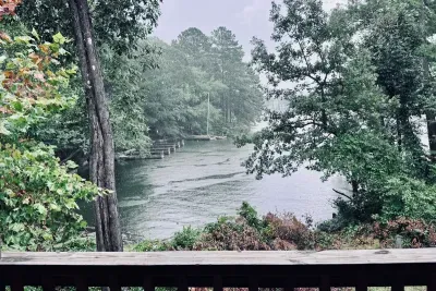 Enjoying the sounds of rain on the lake from the front porch