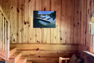 Artwork includes photo of our docks at night
