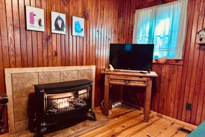 Roku TV and cozy fireplace for chilly evenings
