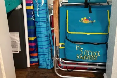 Beach chairs, umbrella, bag