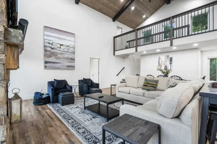 Curl up by the living room fireplace & stream your favorites on the smart TV
