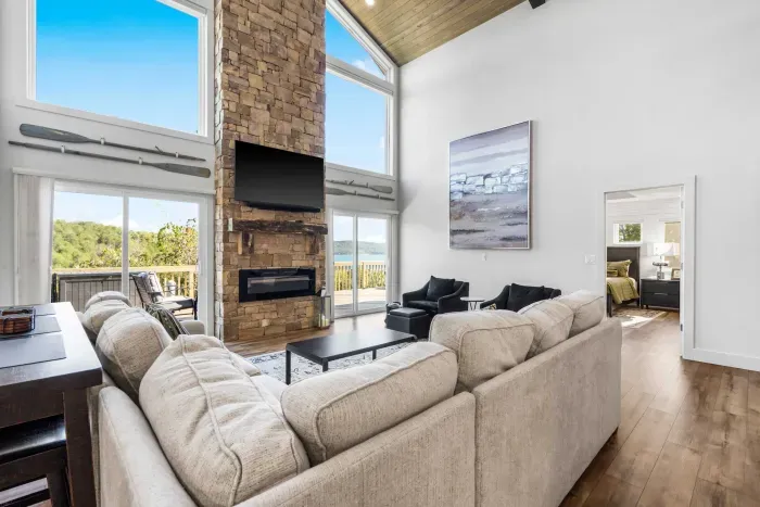 Curl up by the living room fireplace & stream your favorites on the smart TV
