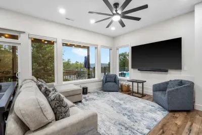 The game room’s queen sleeper sofa is ideal for a movie night or quick snooze