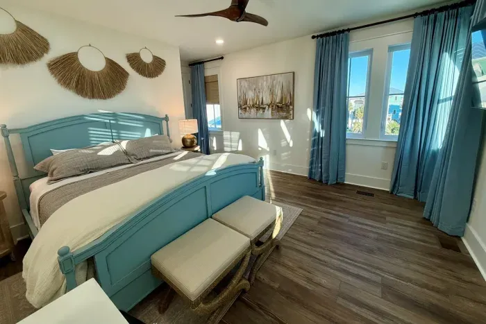 Primary bedroom (blackout drapery installed on east facing windows)