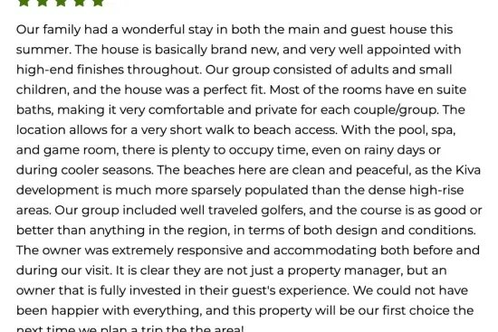 A family of well-traveled golfers gave this five stars — the brand-new, high-end finishes, private en-suites for every couple, an easy beach walk, and a course that rivals the best around, all from hosts they call truly invested in the stay."