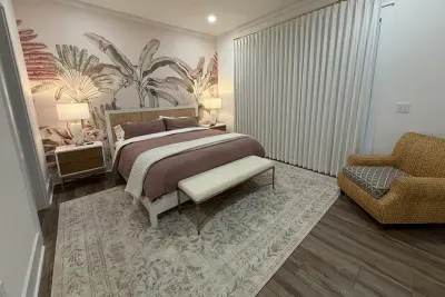 Retreat upstairs to this quiet suite in the evening, the mural setting the mood as you wind down for the night.