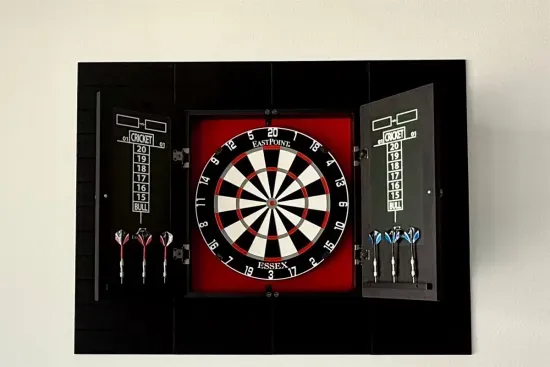 Take on the group in a round of darts on the built-in board — scoreboards included so bragging rights are official.
