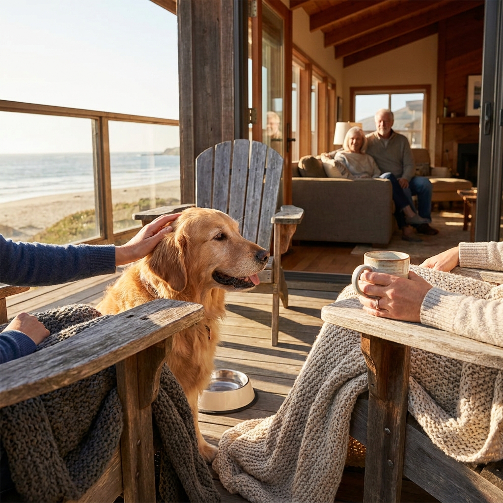 Relax on the deck with your golden retriever and ocean view