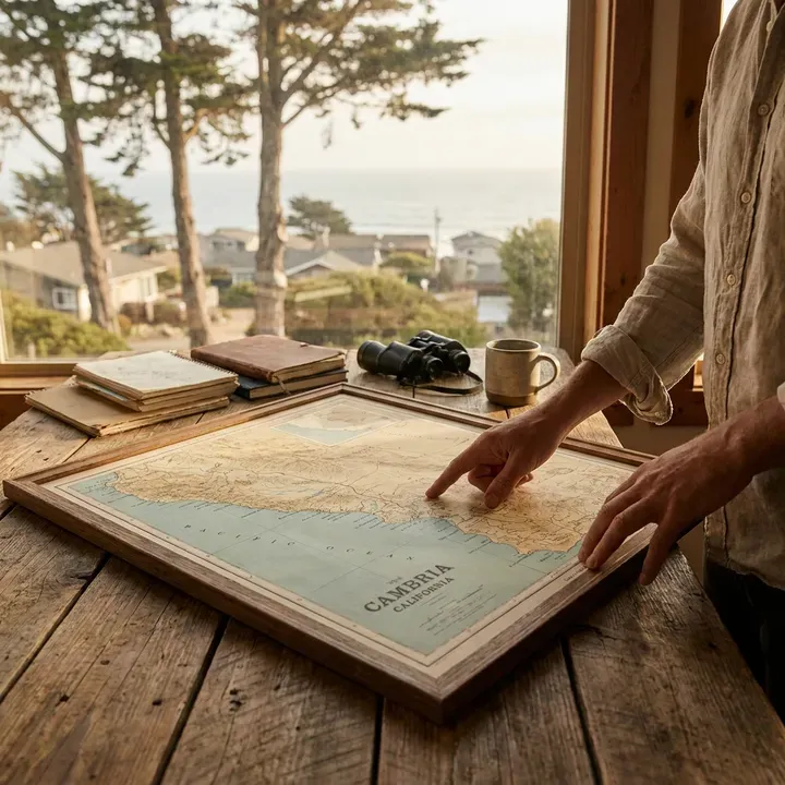 A man points to a map of Cambria, California near the coast