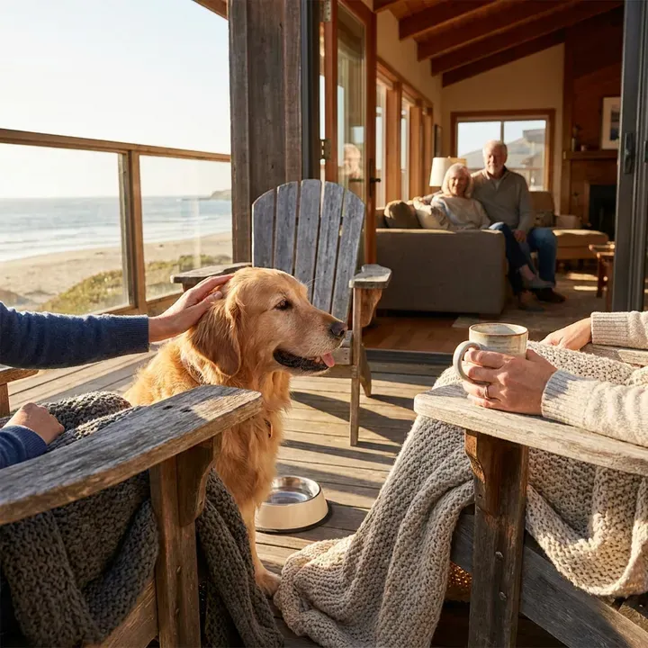 Relax on the deck with your golden retriever and ocean view