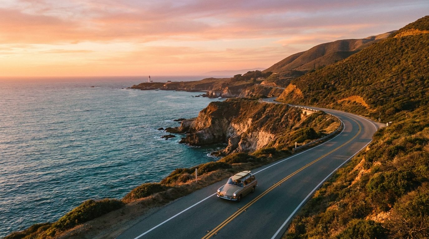 Vintage car drives scenic coastal highway at sunset