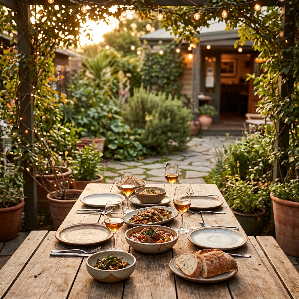 Cozy outdoor dining setting with string lights and a prepared meal