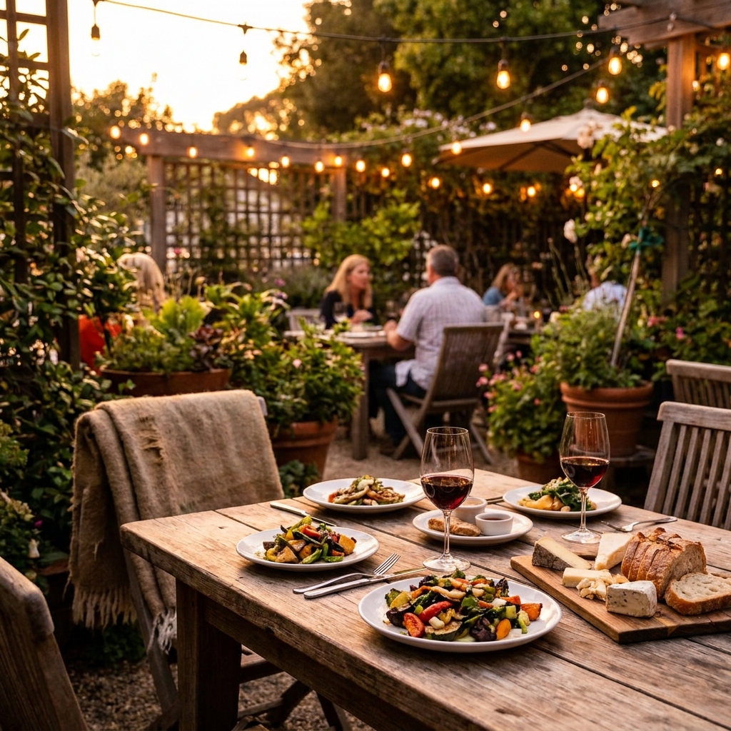 Outdoor dining with string lights and wine