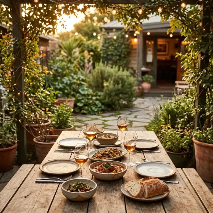 Cozy outdoor dining setting with string lights and a prepared meal