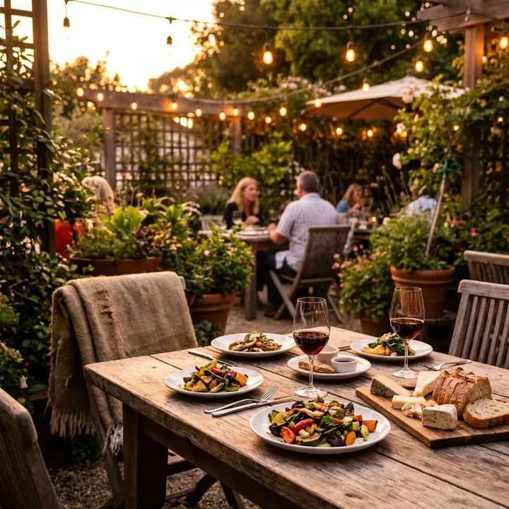 Outdoor dining with string lights and wine