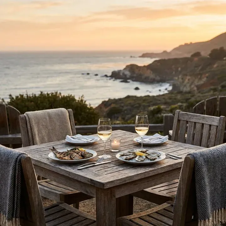 Oceanfront dining with grilled fish and oysters at sunset