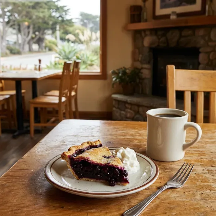 Slice of blueberry pie and coffee on a rustic table
