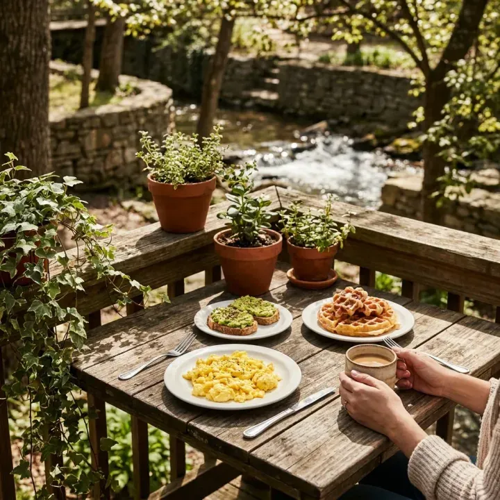 Outdoor breakfast on a wooden table next to a stream