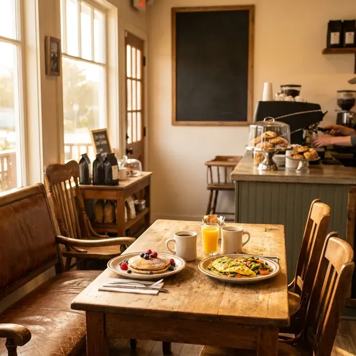 Cozy cafe breakfast table with pancakes and omelet